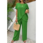 DRESSIFY WOMEN’S FASHION Kadın Kısa Kollu Bisiklet Yaka Asimetrik Kesim Detaylı Bürümcük Bluz Ve Pan