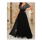 DRESSIFY WOMEN’S FASHION Kadın Kısa Kollu Derin V Yakalı A Kesim Pulpayet Detaylı şifon Nedime Elbis
