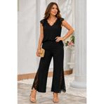 DRESSIFY WOMEN’S FASHION Kadın Kısa Kollu V Yaka Dantel Detaylı Sandy Kumaş Siyah İkili Takım , Bluz-Pantolon