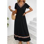 DRESSIFY WOMEN’S FASHION Kadın Siyah Kısa Kollu V Yaka Etnik Desenli Uzun Viskon Maxi Elbise