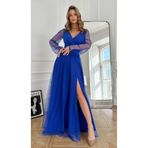 DRESSIFY WOMEN’S FASHION Kadın Uzun Kollu Kruvaze Yakalı Belden Kuşaklı Tüllü Uzun Krep Elbise, Özel Gün ve Gece Elbisesi