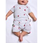 Drop Kids Bebek Pijama Takımı Kısakol Şort Kiraz Desen Baskılı Grimelanj Yenidoğan Çocuk Pijama - Gri - Kırmızı - 3 - 6 Ay