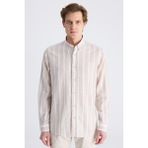 D'S Damat Ds Damat Comfort Bej Çizgi Desenli Keten Karışımlı Gömlek 4HC02KY042652 - 2XL
