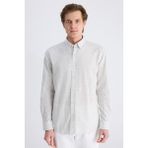 D'S Damat Ds Damat Slim Fit Haki Çizgili Keten Karışımlı Gömlek 4HC0221333142 - XL