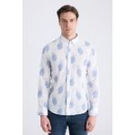 D'S Damat Ds Damat Slim Fit Mavi Baskılı %100 Pamuklu Gömlek
