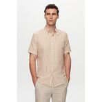 Ds Damat Slim Fit Bej Gofre Çizgili Kısa Kollu Yazlık Gömlek, M