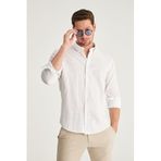 Ds Damat Slim Fit Beyaz Düğmeli Yaka %100 Pamuk Yazlık Flamlı Keten Görünümlü Gömlek, M