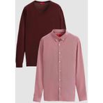 Ds Damat Slim Fit Bordo Pamuk Karışımlı 2'Li V Yaka Triko Ve Gömlek 1HC0206VBN01