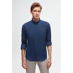 Ds Damat Slim Fit İndigo Oxford Düğmeli Yaka Kolay Ütülenebilir Nakış Detaylı Pamuklu Gömlek, M