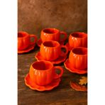 DS Home&Design El Yapımı 6 Kişilik Tabaklı Seramik Bal Kabağı Çay Kahve Fincan Takımı Turuncu Kupa 250 ml