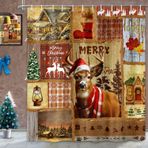 Dtekoj Retro Rustik Köşk Noel Duş Perdeleri, Kış Rustik Noel Geyiği Duş Perdesi, Rustik Yaban Hayatı Çiftlik Evi Ahşap Noel Duş Perdeleri 12 Adet Kancalı, 170 x 180 cm