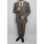 Duayen Fistan Store Erkek Armürlü Italyan Kesim Normal Kalıp Çift Düğmeli Yelekli Takım Elbise - 52 / 6 - Kahverengi - 6 Drop