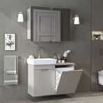 Dubai Sepetli Mdflam Banyo Dolabı, Lavabolu Banyo Alt Dolabı + Aynalı Banyo Üst Dolabı Takımı Kumtaşı