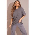 DUBU BUTİK Düz Süprem T-Shirt - Füme Oversize Bisiklet Yaka Kısa Kol Tişört