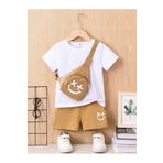 DUBU BUTİK Gülen Yüz Baskılı Çocuk Takım Beyaz T-shirt Bej Şort Kız Erkek Bisiklet Yaka Çanta Yoktur Takımda
