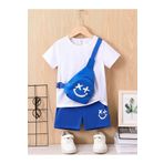 DUBU BUTİK Gülen Yüz Baskılı Çocuk Takım Beyaz T-shirt Mavi Şort Kız Erkek Bisiklet Yaka Çanta Yoktur Takımda