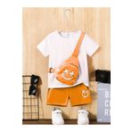 DUBU BUTİK Gülen Yüz Baskılı Çocuk Takım Beyaz T-shirt Turuncu Şort Bisiklet Yaka Çanta Yoktur Takımda