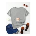 DUBU BUTİK Hamile Gebe T-shirt Bebek Fermuar Baskılı - Gri Bisiklet Yaka Oversize Tişört