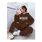 DUBU BUTİK Happiness Eşofman Takımı Sweatshirt Jogger - Kahverengi Baskılı Oversize Şardonlu Kapüşonlu