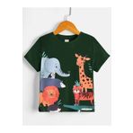 DUBU BUTİK Hayvanlar Pamuklu Çocuk T-Shirt- Nefti Yeşil Baskılı Kız Erkek Çocuk Yazlık Bisiklet Yaka Tişört