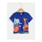 DUBU BUTİK Hayvanlar Pamuklu Çocuk T-Shirt- Saks Mavi Baskılı Kız Erkek Çocuk Yazlık Bisiklet Yaka Tişört