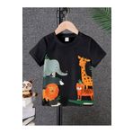 DUBU BUTİK Hayvanlar Pamuklu Çocuk T-Shirt- Siyah Baskılı Kız Erkek Çocuk Yazlık Bisiklet Yaka Tişört