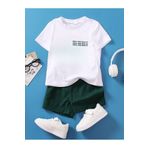DUBU BUTİK İdeal Baskılı Pamuklu Çocuk Nefti Yeşil Şort Beyaz T-shirt Takım-çocuk Yazlık Bisiklet Yaka