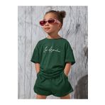 DUBU BUTİK Los Angeles Yazı Baskılı Nefti Yeşil Çocuk Şort T-shirt Takım-kız Erkek Çocuk Yazlık