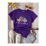 DUBU BUTİK Love Leopar Kalp Baskılı Süprem Mor T-shirt - Oversize Bisiklet Yaka Tişört