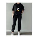 DUBU BUTİK Mickey Mouse T-shirt Eşofman Altı Jogger Siyah Baskı Alt Üst Eşofman Takımı Oversize Bisiklet Yaka