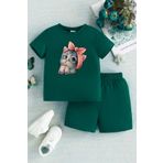 DUBU BUTİK Minik Kedi Baskılı Nefti Yeşil Çocuk Şort T-shirt Takım - Kız Erkek Çocuk Yazlık Bisiklet Yaka