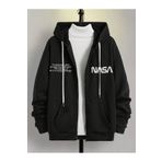 DUBU BUTİK Nasa Yazılı Fermuarlı Hırka Sweatshirt - Siyah Baskılı Oversize Kışlık Kalın Kapüşonlu