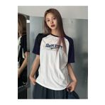 DUBU BUTİK Simplicity Parçalı Süprem T-Shirt - Beyaz Lacivert Baskılı Oversize Bisiklet Yaka Kısa Kol Tişört