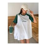 DUBU BUTİK Sports Athleisure Beyaz Gövde Nefti Yeşil Kol T-shirt - Oversize Bisiklet Yaka Tişört