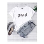 DUBU BUTİK Uçan Kelebekler Süprem T-Shirt - Beyaz Baskılı Oversize Bisiklet Yaka Kısa Kol Tişört
