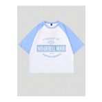 DUBU BUTİK Wonderful Mood Süprem Crop T-Shirt - Beyaz Bebe Mavi Baskılı Oversize Bisiklet Yaka Tişört