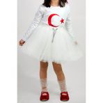 DUCA KIDS Beyaz Renkli Gümüş Kurdeleli Kız Çocuk Kabarık Tütü Etek | 23 Nisan | 29 Ekim
