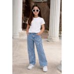 DUDOR KİDS KIZ ÇOCUK KALPLİ ESKİTMELİ MAVİ KOT PANTOLON (JEANS-DENİM)-BAYRAMLIK