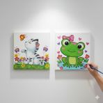 Dudu Ahşap 2'li Tuval Boyama Seti 20 x 20 cm Uv Baskı Sevimli Karakterler + 6 Akrilik Boya + 1 Fırça - set-11