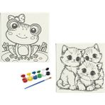 Dudu Ahşap 2'li Tuval Boyama Seti 20 x 20 cm Uv Baskı Sevimli Karakterler + 6 Akrilik Boya + 1 Fırça - set-14
