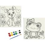 Dudu Ahşap 2'li Tuval Boyama Seti 20 x 20 cm Uv Baskı Sevimli Karakterler + 6 Akrilik Boya + 1 Fırça - set-17