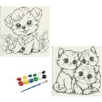 Dudu Ahşap 2'li Tuval Boyama Seti 20 x 20 cm Uv Baskı Sevimli Karakterler + 6 Akrilik Boya + 1 Fırça - set-4