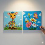 Dudu Ahşap Anaokulu İlkokul Etkinliği 2'li Tuval Boyama Seti 20 x 20 cm Uv Baskı + 6 Akrilik Boya + 1 Fırça Model 46