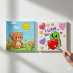 Dudu Gift Okul Etkinliği-2'li Tuval Boyama Seti. 20X20 cm Uv Baskı 6 Akrilik Boya 1 FIRÇA-MODEL-390