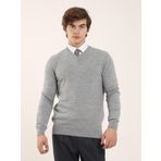 Dufy Gri Melanj Erkek Slim Fit Düz Klasik V Yaka Kazak - 91132