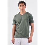 Dufy Haki V Yaka Pamuklu Düz Renk Slim Fit Erkek T-shirt