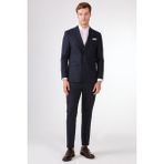 Dufy Lacivert Çizgili Kruvaze Slim Fit Takım Elbise - 6 Drop - 58