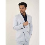 Dufy Mavi Erkek Slim Fit Çizgili Kruvaze Yaka Takım Elbise - 58