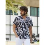 Dufy Siyah Erkek Regular Fit Çiçek Desenli Küba Yaka Kısa Kol Gömlek - 84290 - 38