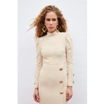 Düğme Detaylı Crop Bluz - BEJ
